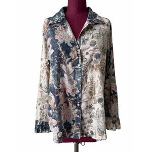 CINO Crinkle Floral Tab Sleeve Button Up Cotton Shirt Top Large